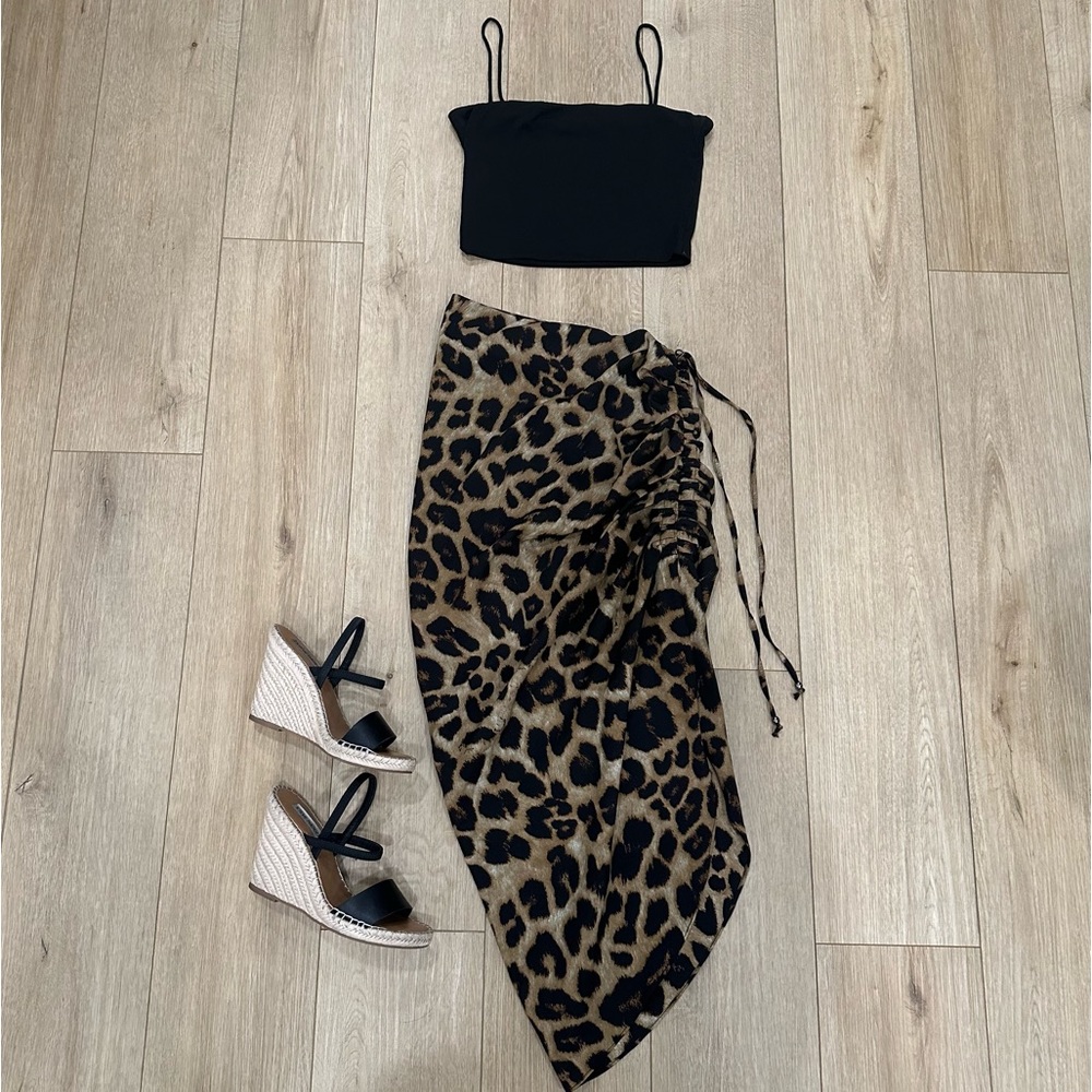 NWOT Leopard Print Slit Drawstring Skirt